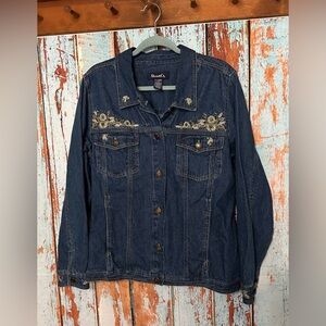Denim&Co Dark Blue Flower Pattern Embroidered Jean Jacket
